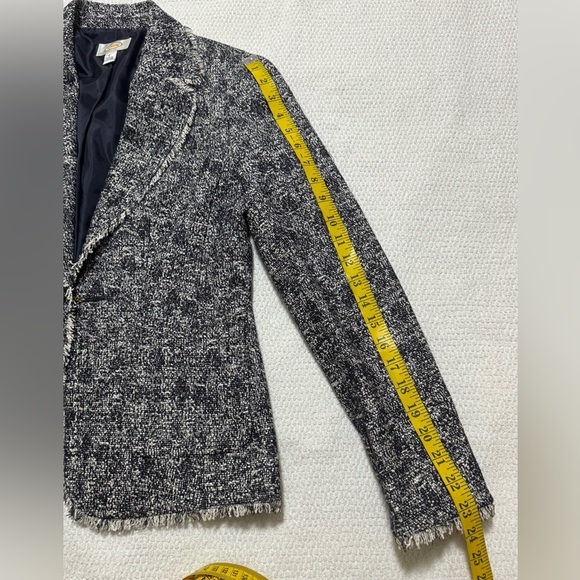 Talbots Women Size 4 Navy Blue White Boucle Tweed Fringe One Button Blazer - Picture 12 of 15